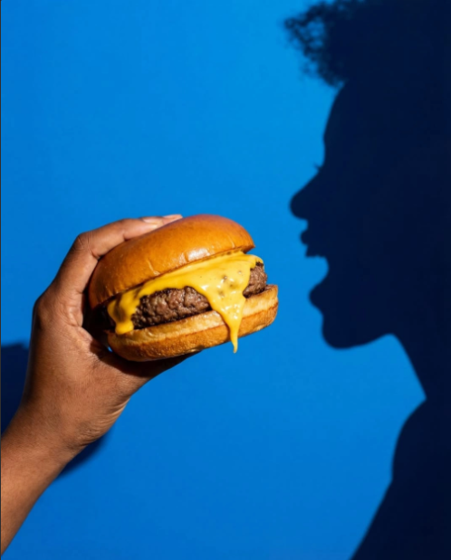 Imagem de referência: hambúrguer sendo segurado com fundo azul