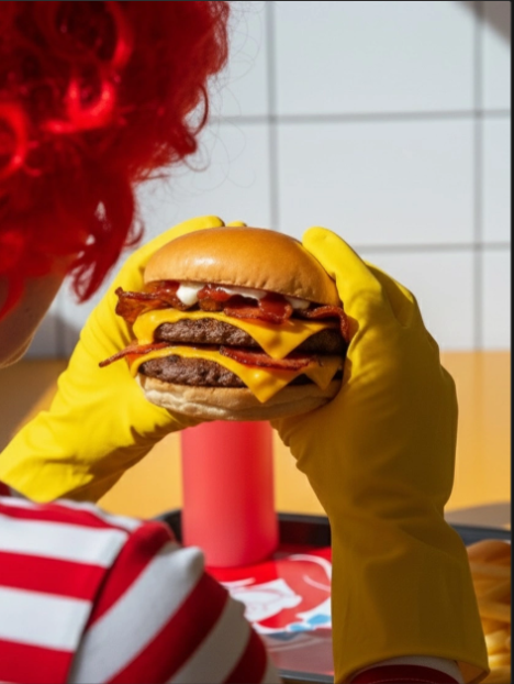 Foto de referência: cheeseburger segurado por mãos com luvas amarelas